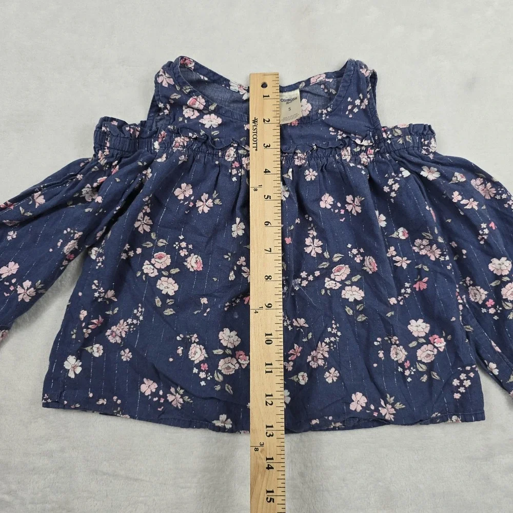 OshKosh B'gosh Girls Size 5 Navy Blue Floral Cold Shoulder Ruffle Top OSH11771